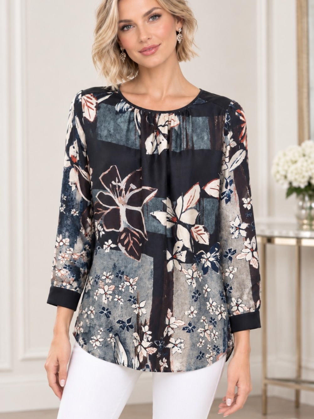 Sfizio 100% Silk Multi Colored Floral Print Pullover Long Sleeve Tunic Blouse S